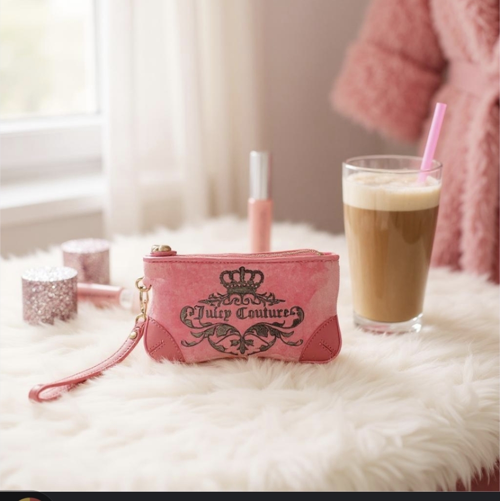 Juicy Couture Y2K Hot Pink Velvet & Black Embroidered Wristlet